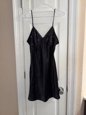 Adonna Black Satin Slip with Pink Floral Embroidery